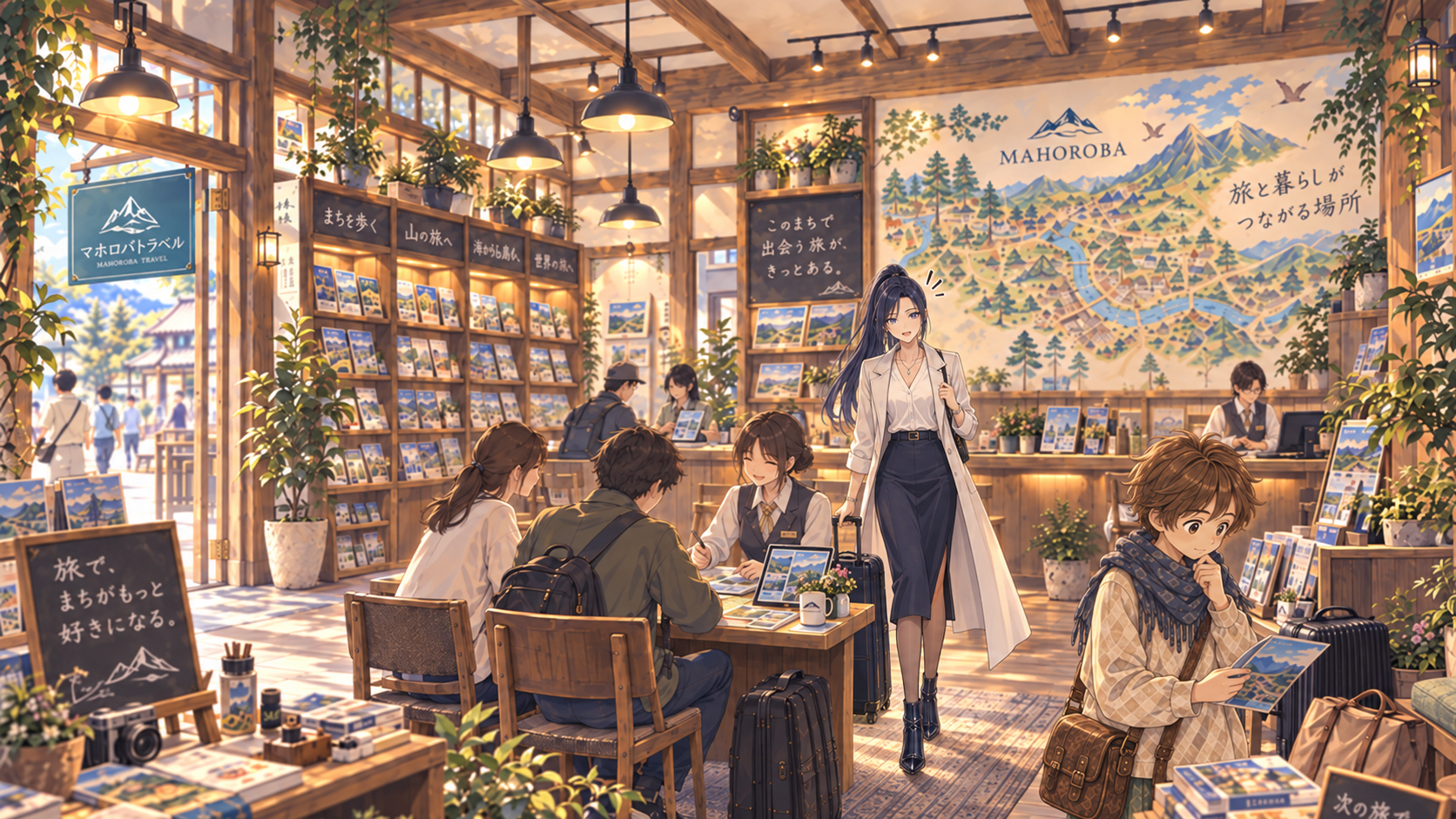 オムニが迎えるアニメ版マホロバトラベル。旅の資料と地図を囲む人々