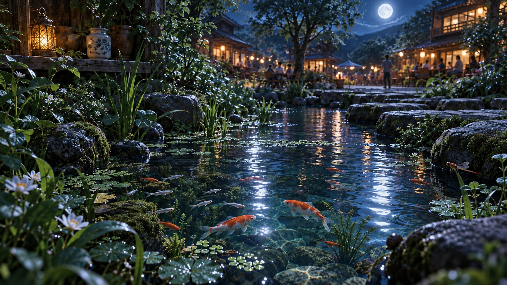 月夜の水辺。水草と石、小魚と鯉、水面に映る灯り