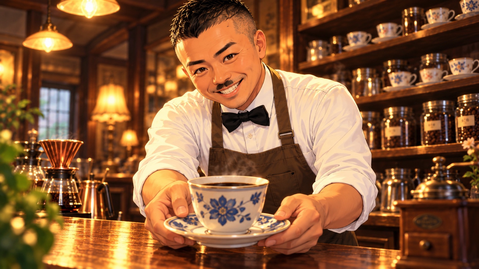 木のカウンター越しにコーヒーを差し出す、マスターの北村さん