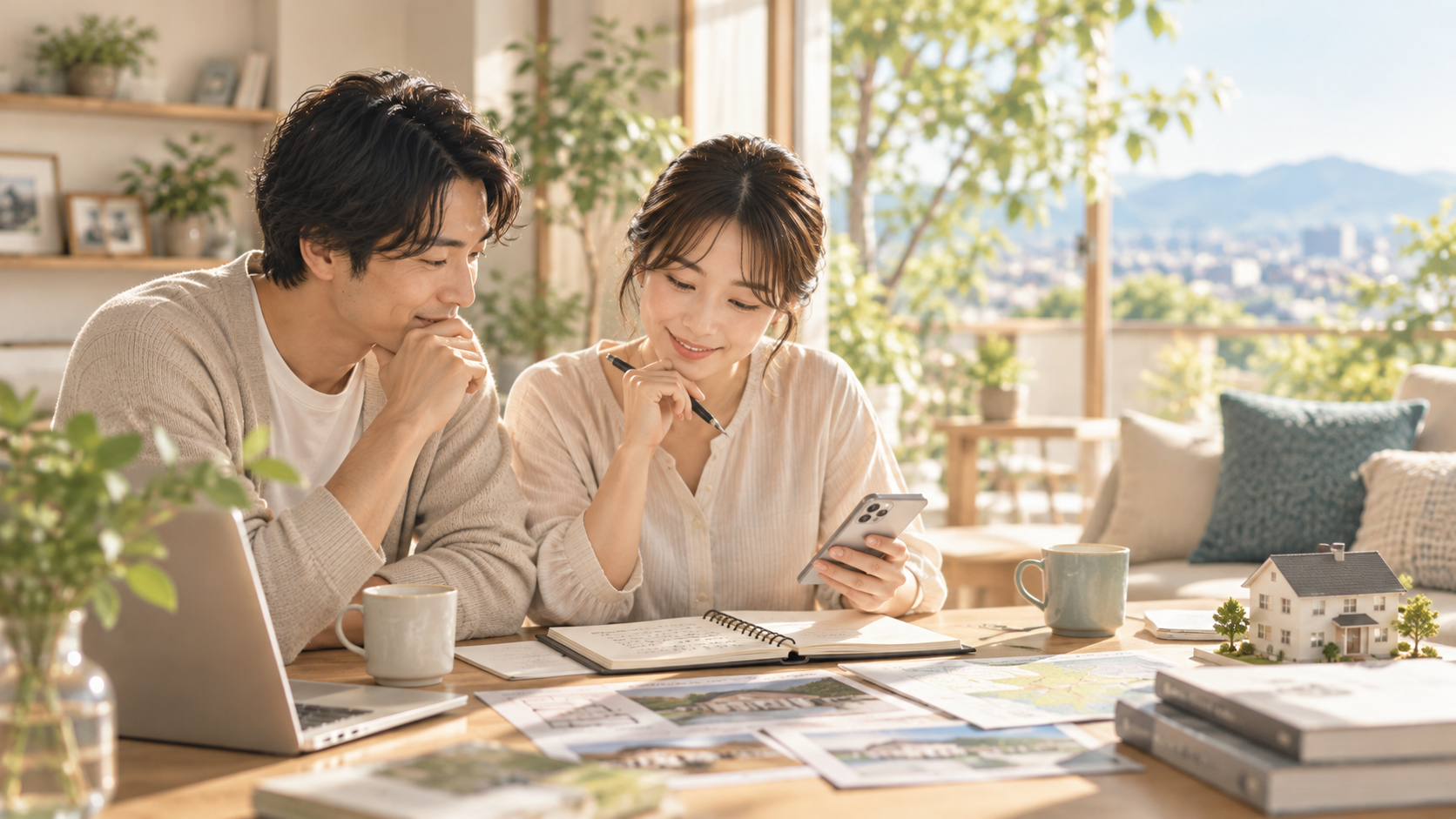 スマートフォンとノートを見ながら話し合う2人