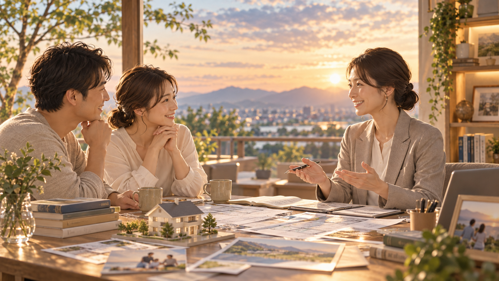 夕暮れの窓辺で住まいについて話す3人