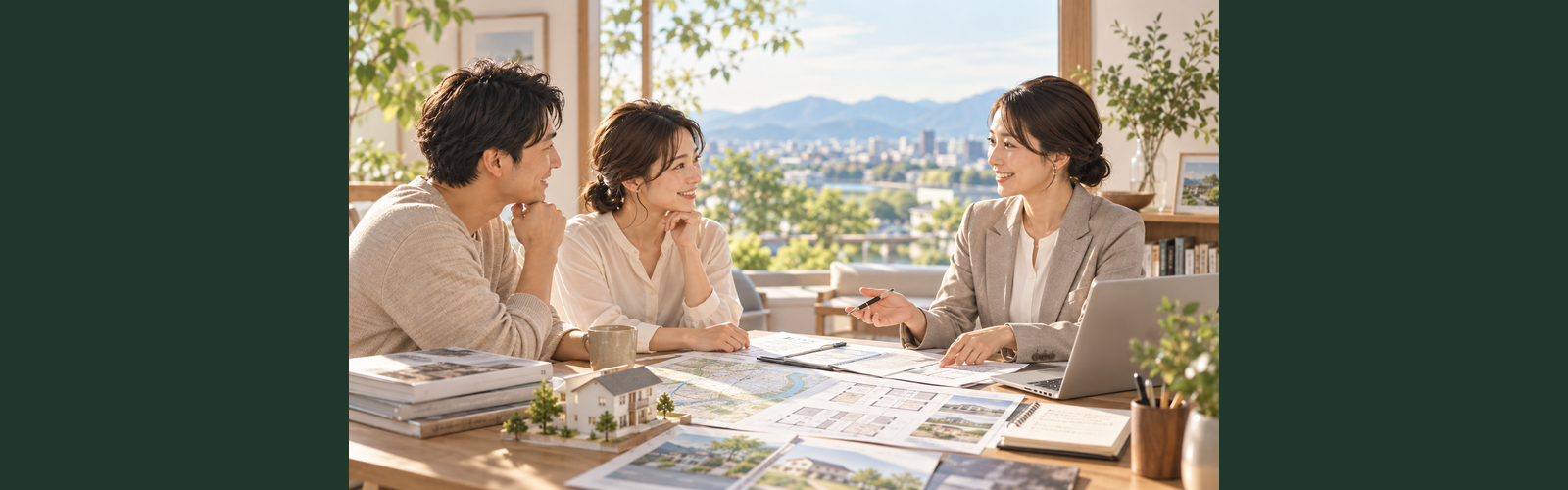住まいの資料を囲んで相談する3人