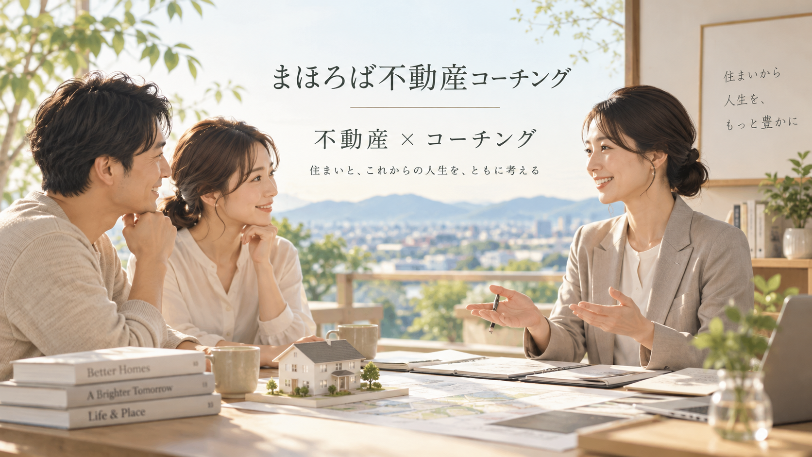 「まほろば不動産コーチング」の文字と、住まいの資料を囲んで対話する3人