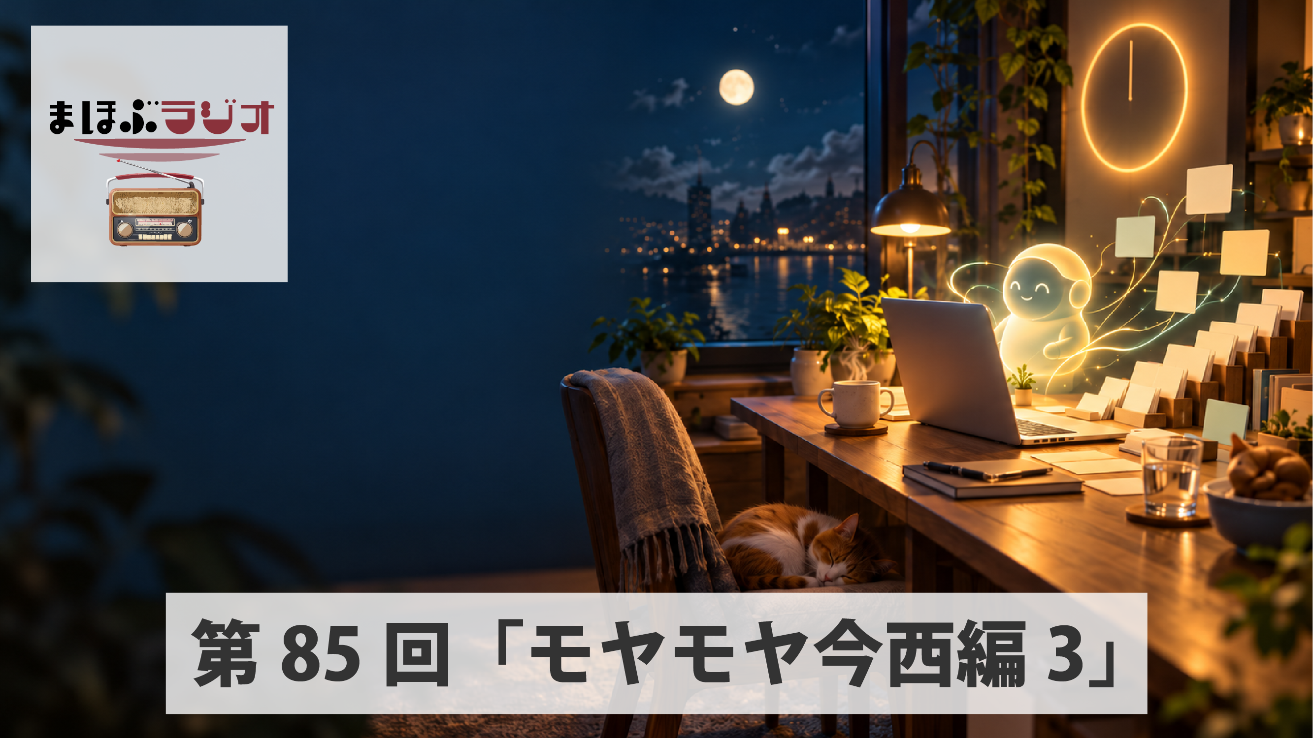 まほぶラジオ、第85回「モヤモヤ今西編3」のバナー。夜景を望む机で光る相棒がパソコンに向かい、手前の椅子では猫が眠る。