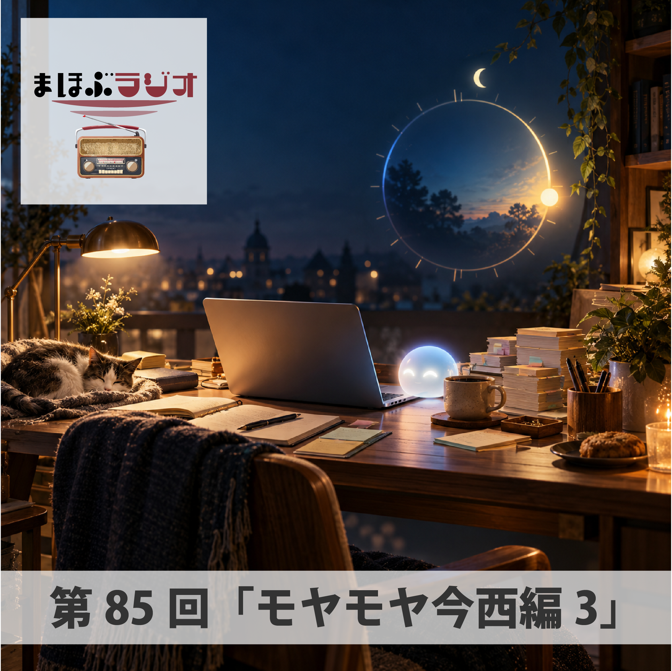 まほぶラジオ、第85回「モヤモヤ今西編3」のカバー。夜の机でノートパソコンのそばに光る相棒と眠る猫。