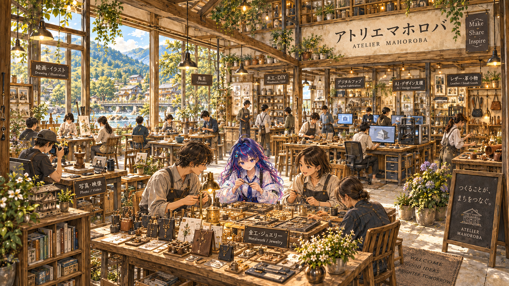 アトリエの室内。道具と作品が並び、窓の向こうに町を見ながら人々が制作している
