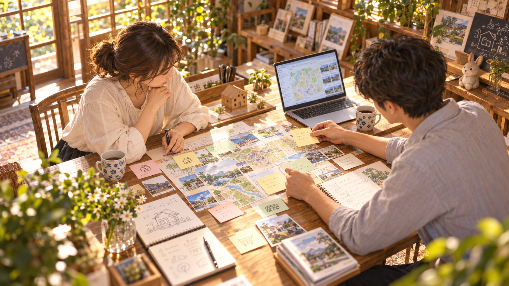 AI生成イメージ:長屋のカウンターで、住まいについて気軽に相談している