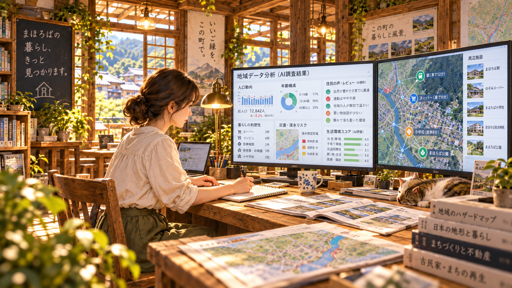 AI生成イメージ:人が地図と分析画面を見比べながら、調査内容を考える