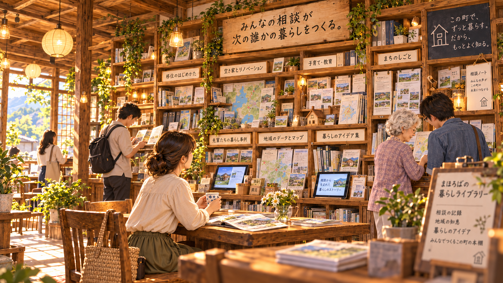 AI生成イメージ:街や住まいの記録が並ぶ長屋の小さなライブラリー