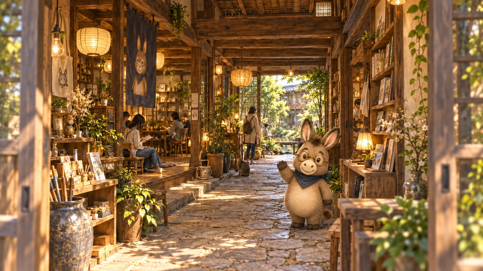 長屋の中央入口から続く通り土間。右手でまほロバが迎え、奥に明るい庭が見える