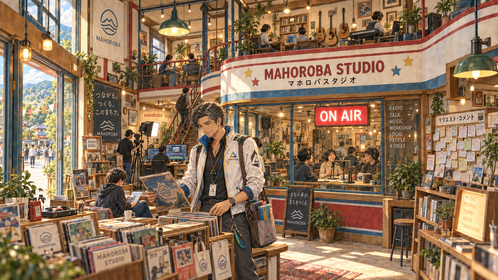 グルドがレコードを見ているマホロバスタジオの室内。奥ではON AIRの灯りの下で収録が進んでいる