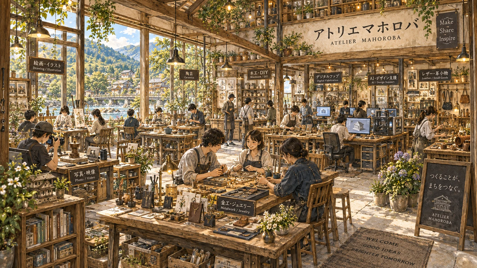 木の作業台と道具が並ぶ、MAHOROBAのアトリエのイメージ