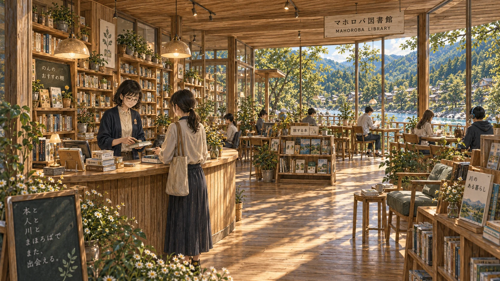 木の本棚と小さな司書カウンター。大きな窓の向こうに川と森が見える