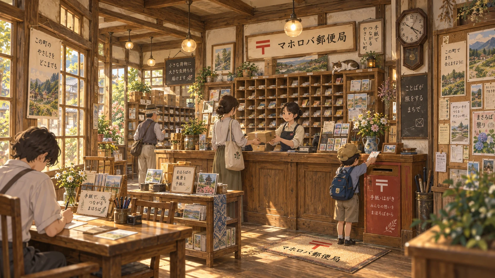 木のカウンターと手紙が並ぶ郵便局の室内