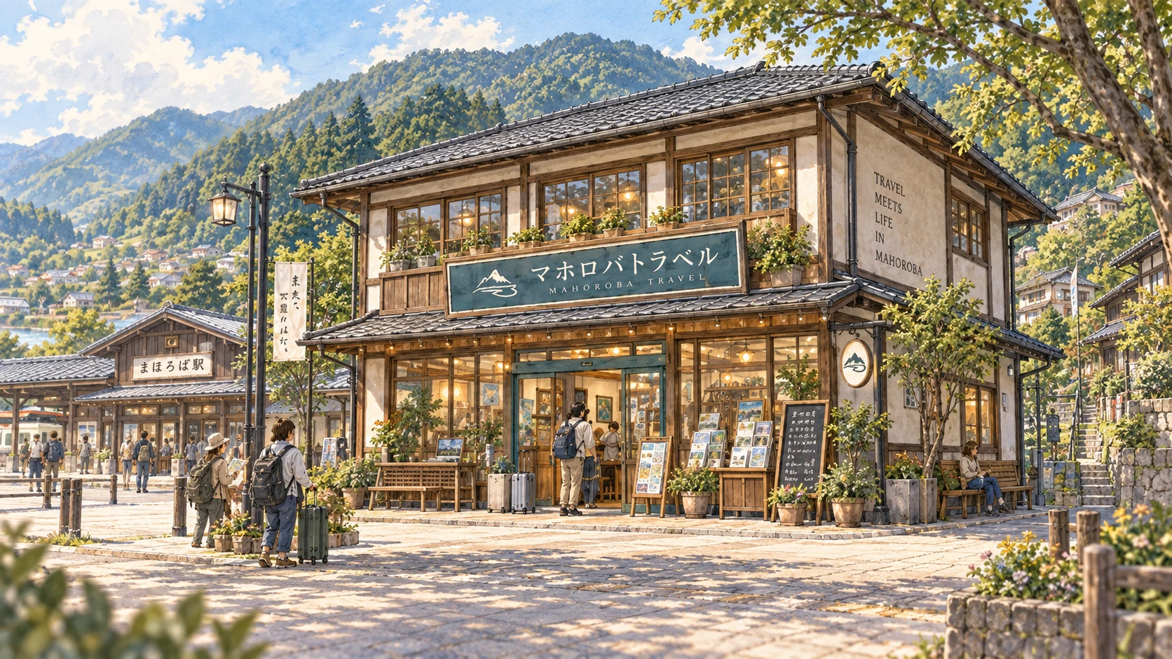 町の道に面したマホロバトラベルの建物イメージ