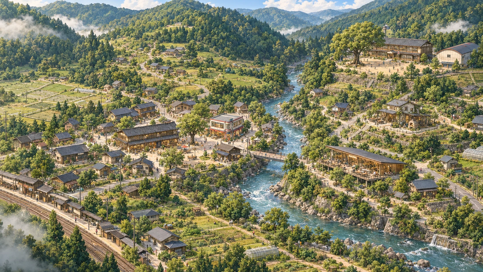 山と川のあいだにMAHOROBAの建物が広がる俯瞰地図