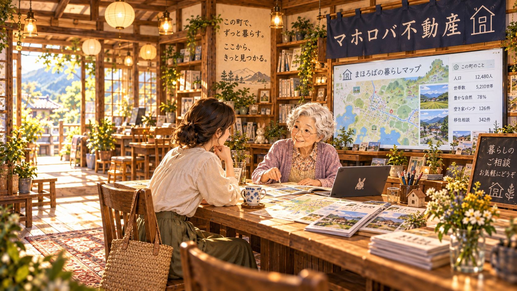 AI生成イメージ:木のカウンターで、まほろばあちゃんと住まいの話をする