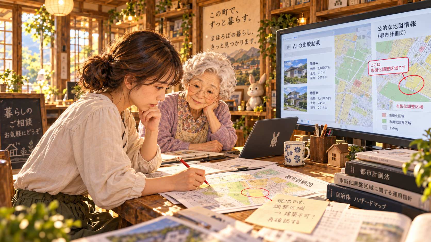 AI生成イメージ:地図と画面の情報を見比べ、AIの示した内容を人が検証する