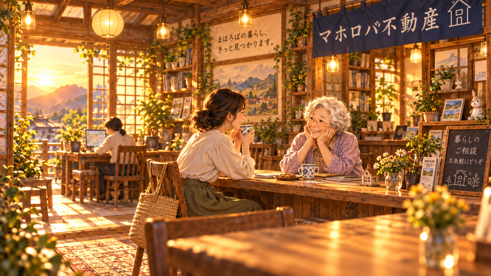 AI生成イメージ:夕方の長屋で、温かいお茶を囲んでまた話す