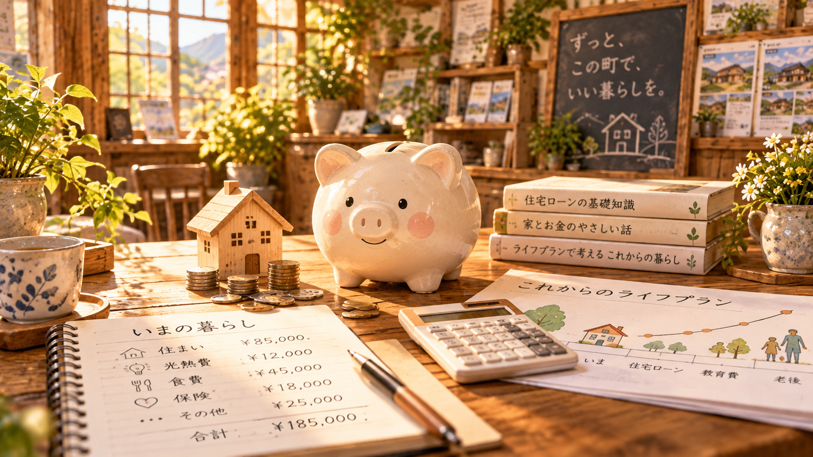 家計の記録と家の模型、貯金箱