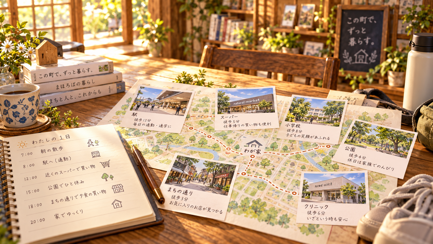 地図に重ねた、駅や店、公園など日々の行き先