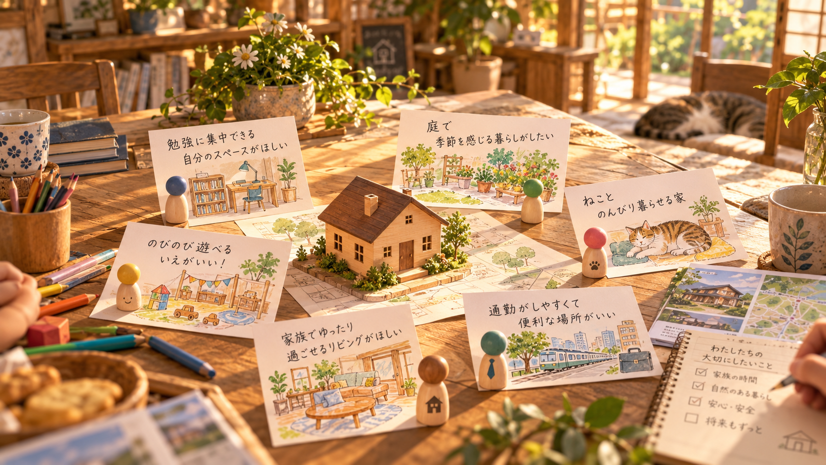 家族それぞれの希望を並べたカードと家の模型